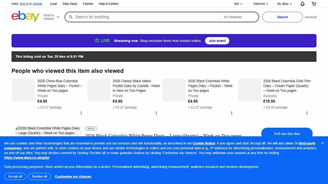 2026 Black Colombia White Pages Diary – Large (Quarto) – Week on Two pages eBay UK