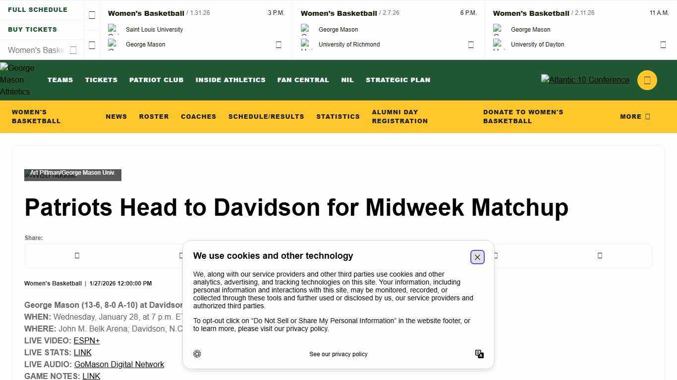 Patriots Head to Davidson for Midweek Matchup - George Mason University Athletics